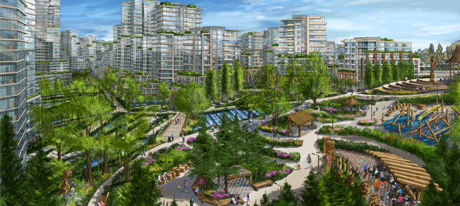 Rendering of Jericho Lands bulding development showing buildings and plaza Rendering of Jericho Lands bulding development showing buildings and plaza