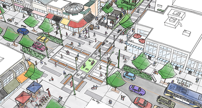 Artist rendering of permanent Bute-Robson Plaza and adjacent Robson St.