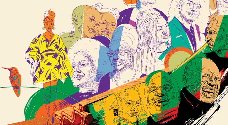 Artwork by Yaimel Lopez Zaldivar showing Black unity, heritage, and pride using Pan‑African colours and African cultural symbols.