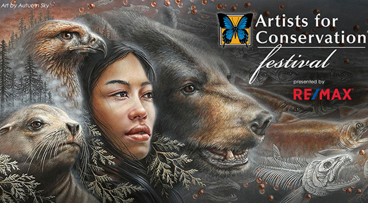 Artists for Conservation Festival - illustration of person surrounded by a seal, hawk, bear, and salmon