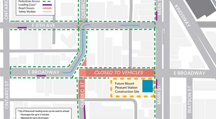 Map of detour from Broadway to Quebec St and E8th Ave