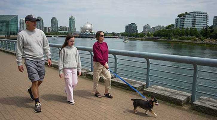 People walking a leashed dog along the seawall