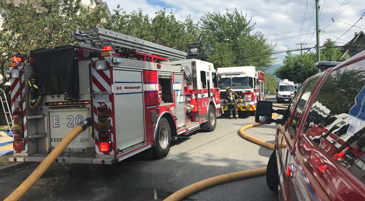 Fire truck with hose in front of a house