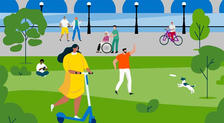 Illustration of people playing and using a variety of mobility devices at a waterfront park