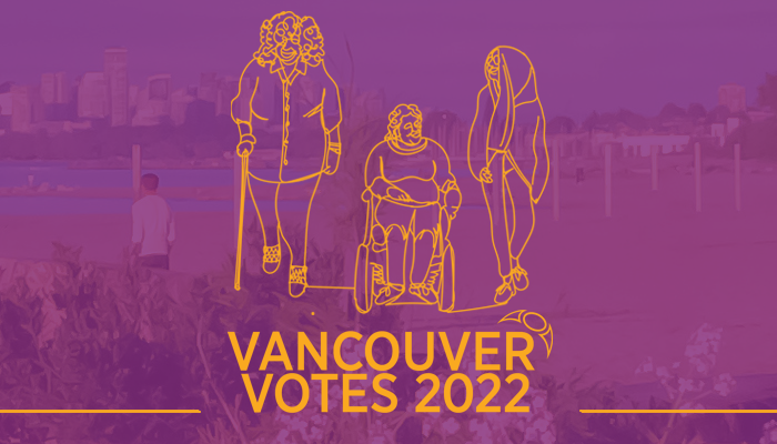 Vancouver Votes 2022 - illustration of people walking and in a wheelchair