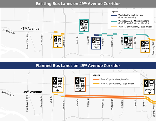 49th map existing and planned bus lane changes