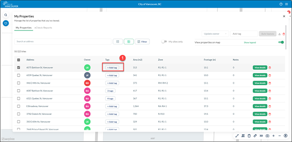 Add tag button in the My Properties list