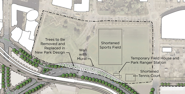 A map showing the interim features of Andy Livingstone Park to be maintained during the project.