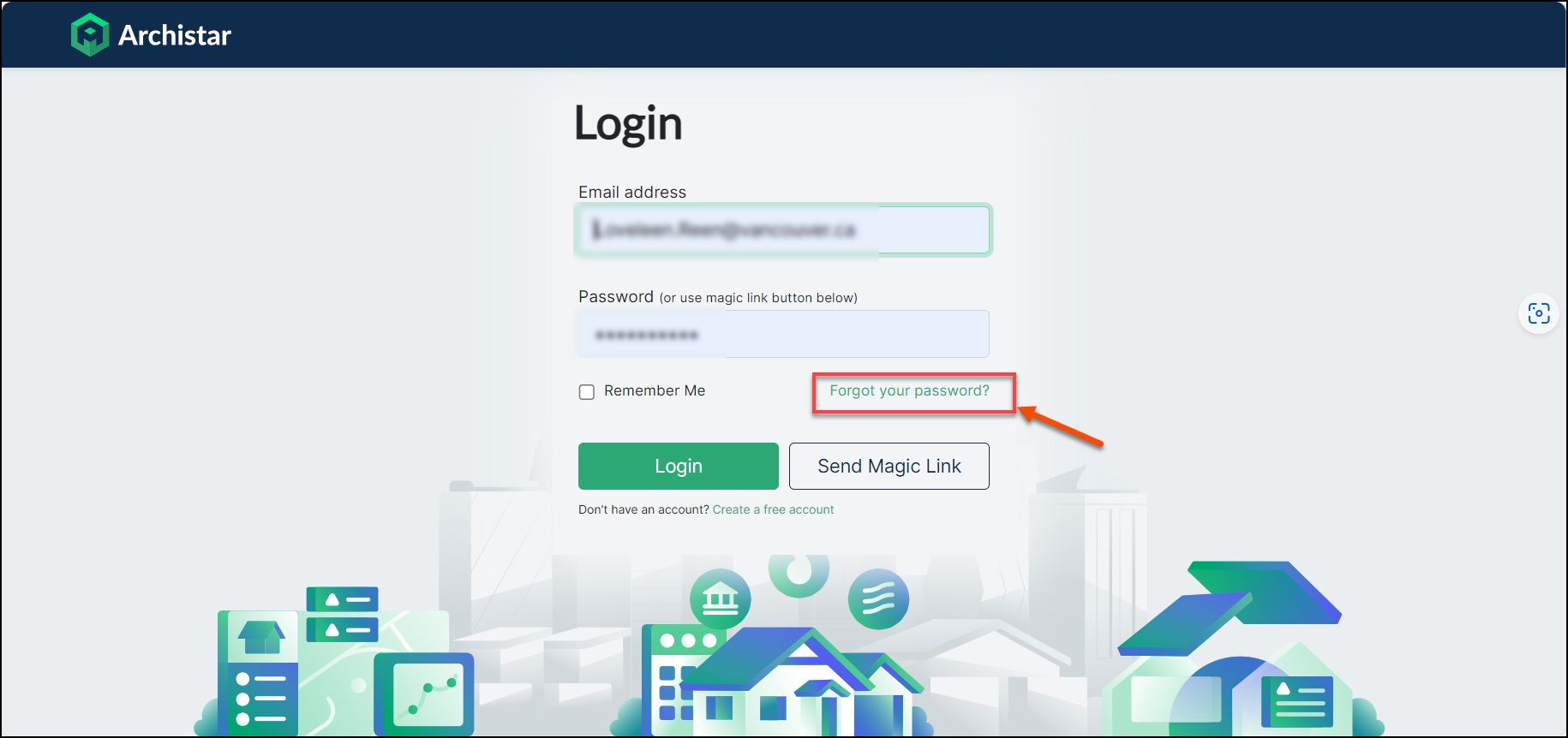 Archistar login page with the link to forgot your password highlighted