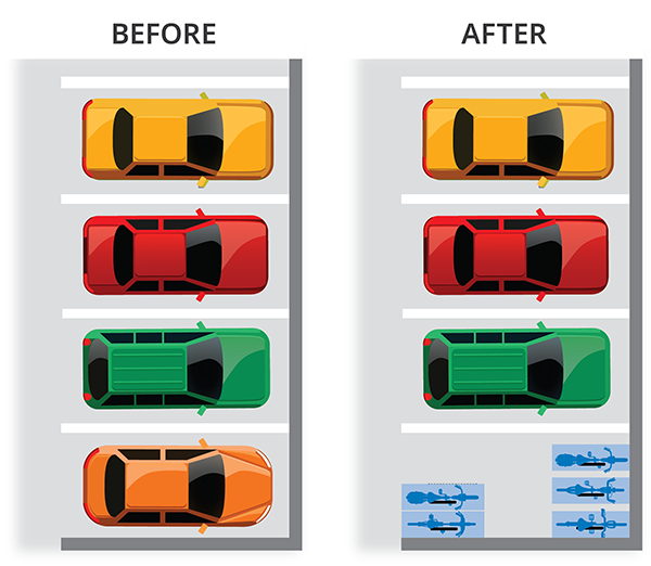Diagram showing a parking stall converted into bike parking.