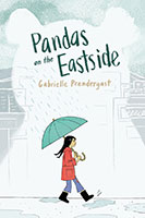 Book cover illustration of a girl under an umbrella walking on a rainy street with a panda profile in the shadows