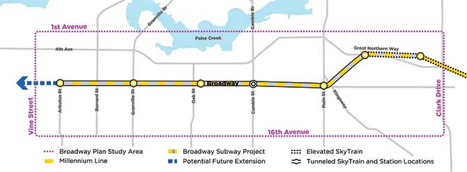 Map Broadway Subway route from Great Northen Way to Arbutus Street