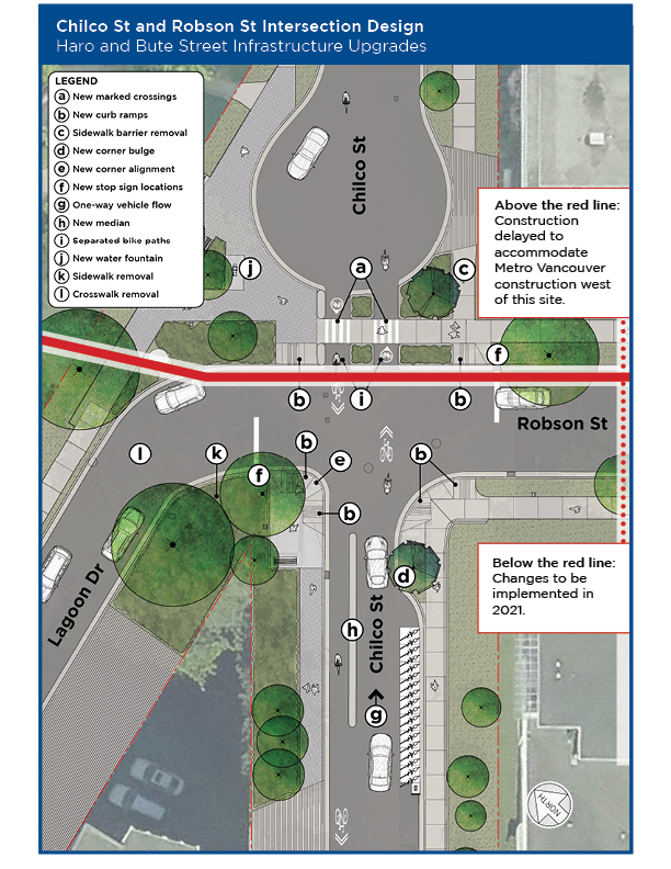 	Map of infrastructure upgrades along Chilco Street, Robson Street, and Lagoon Drive