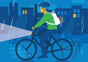 Graphic of person riding a bicycle at night in the rain