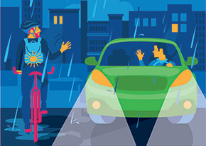 Graphic of cyclist and driver making eye contact and waving to one another