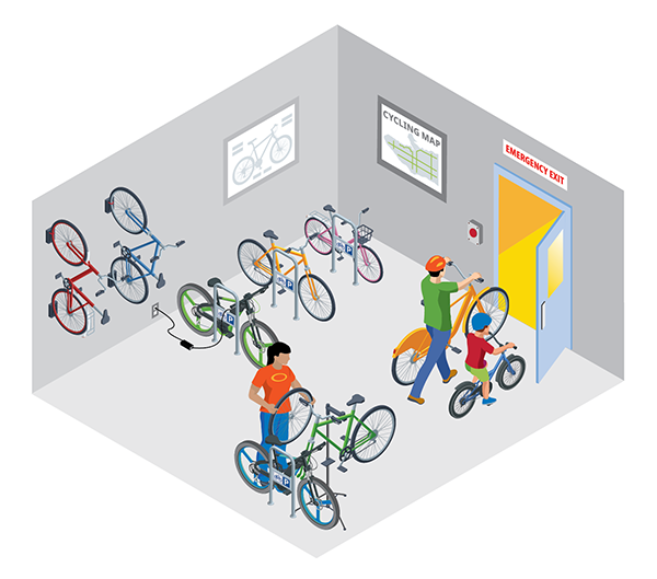 Illustration of a dedicated bike room with various rack types, electrical outlets for charging, wall-mounted bikes, cycling maps on the walls, and an emergency exit. People are entering and using the space with bikes.