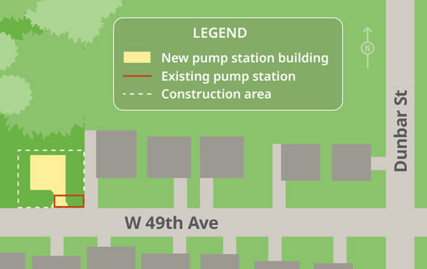 Map of Dunbar Pump Station area showing location of existing and new pump station