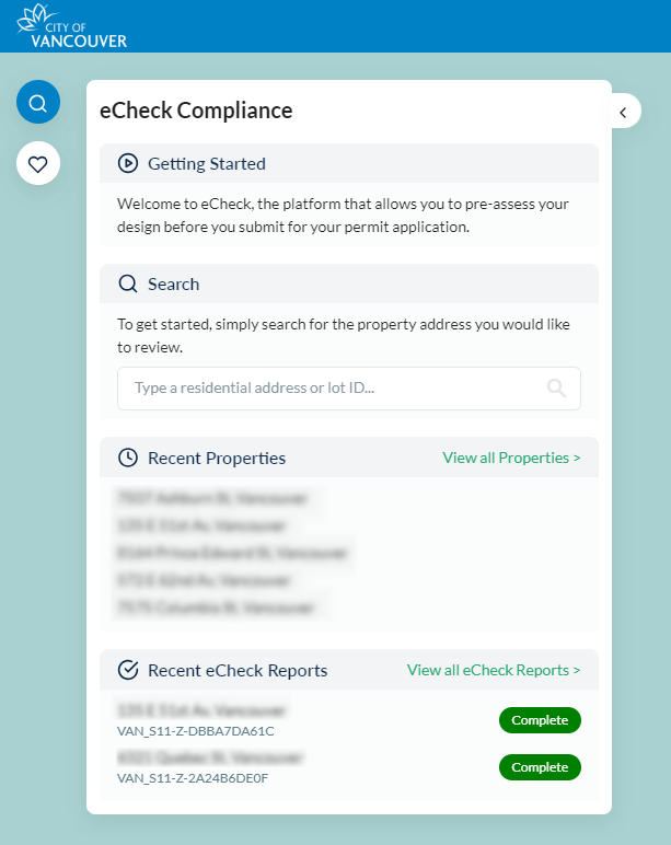 Recent Properties section on eCheck Compliance panel