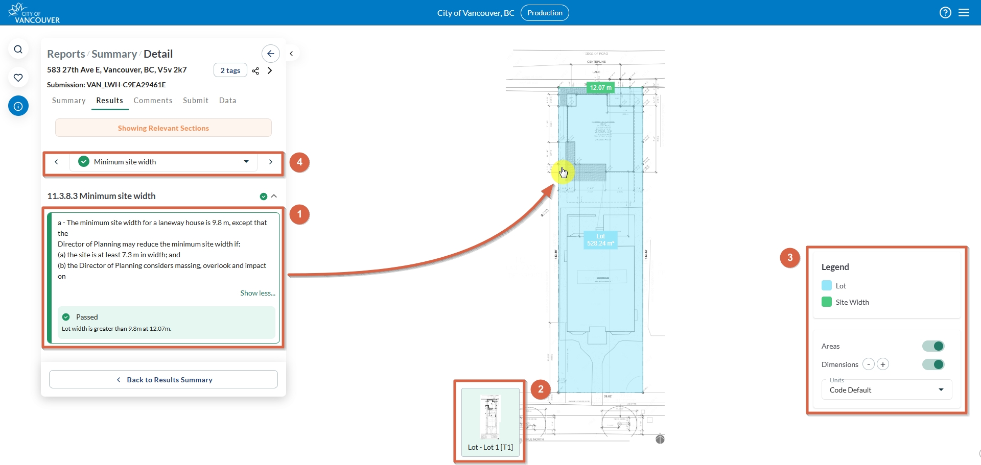 Result detail of an eCheck report with corresponding annotations on the drawings