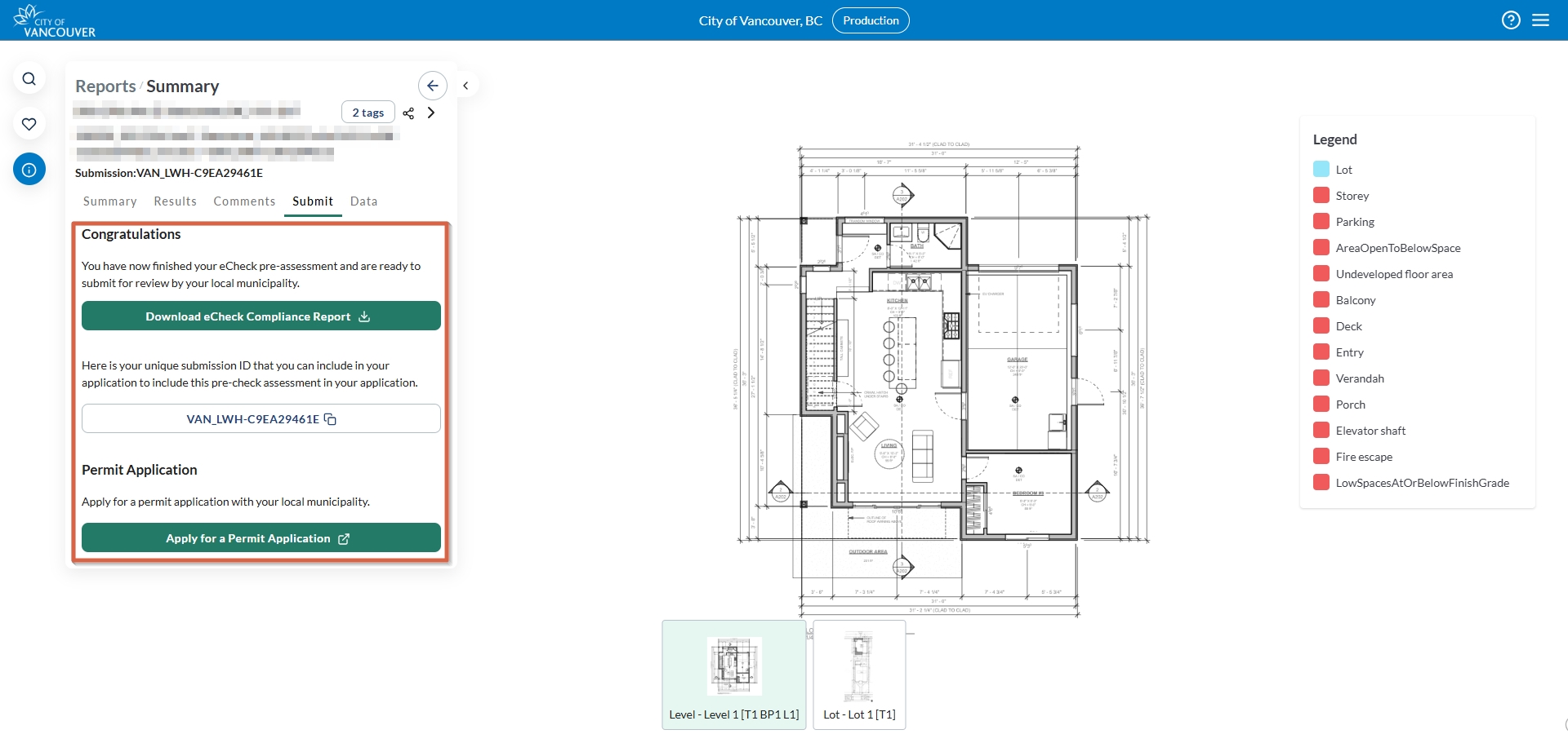 eCheck report submit tab with buttons to download the report and apply for permits