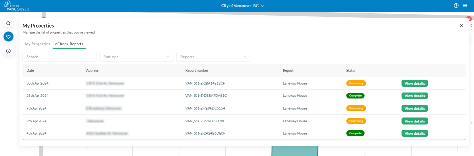 eCheck Reports tab on the My Properties panel screen