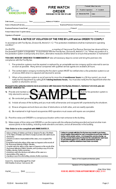 Fire Watch Order sample- click for larger image