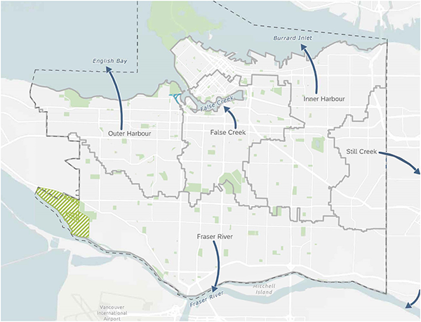 Map indicating the 5 main drainage basins located in the following areas: Outer Harbour, Inner Harbour, False Creek, Still Creek, and Fraser River. 