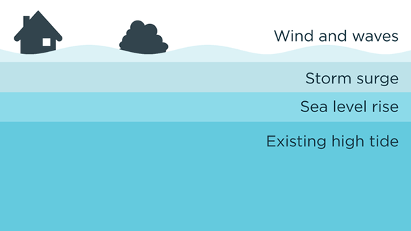 A hill with a house and a bush at the top above a body of water marked with layers showing existing high tide, sea level rise, storm surge, and wind and waves.