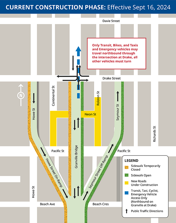 Map of Granville Connector work and detours during construction as of September 16, 2024