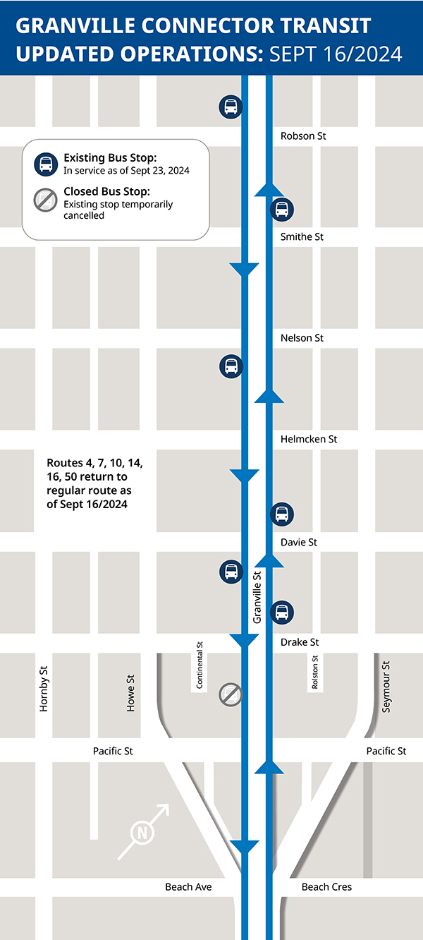 Map showing updated operations for Granville Connector Transit routes effective September 16, 2024, with key bus stops and route directions indicated.