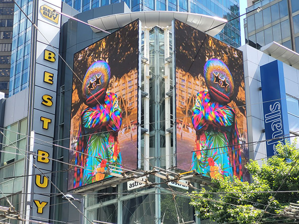 Artwork So Far So Near by artist Jin-me Yoon featured at the intersection of Robson Street and Granville Street