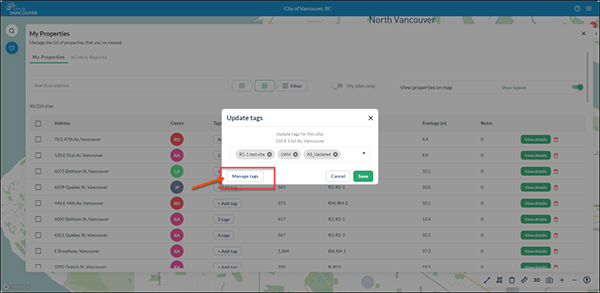 Manage tags button on the Update tags pop-up window
