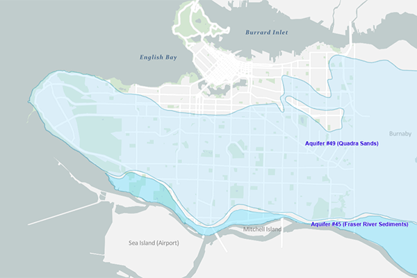 Map showing location of main aquifers in Vancouver