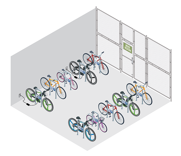 Illustration of a mesh bicycle cage with multiple bikes parked inside. Some bikes are connected to wall outlets, showing e-bike charging stations inside the secure cage.
