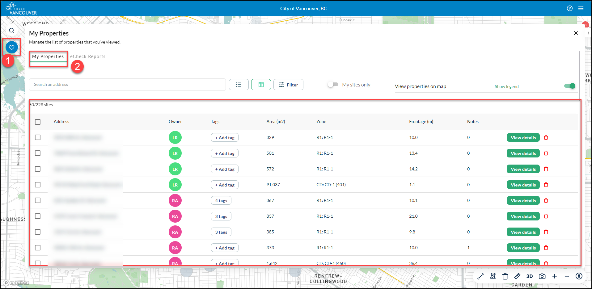 My properties list on eCheck