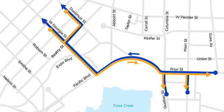 Proposed travel routes between Prior and Georgia / Dunsmuir without the viaducts would use a two-way Pacific Blvd and Georgia St