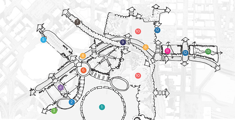 Map of the 13 spaces for public life in Northeast False Creek