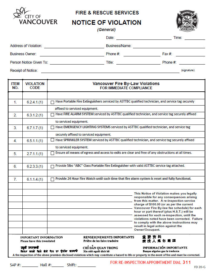 Notice of fire code violations City of Vancouver