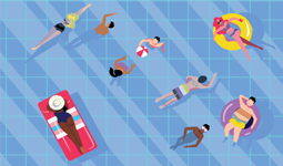 People swimming, floating, and relaxing in a pool on a sunny day.