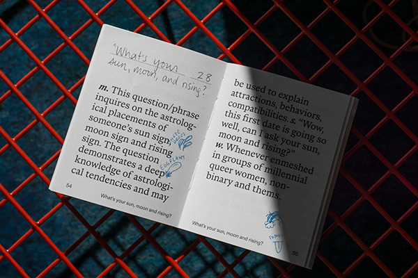 Open spread from Queers' Vernacular (Slanguage) resting on a red metal table.