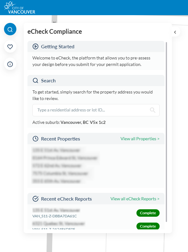 Recent eCheck reports section on Compliance panel