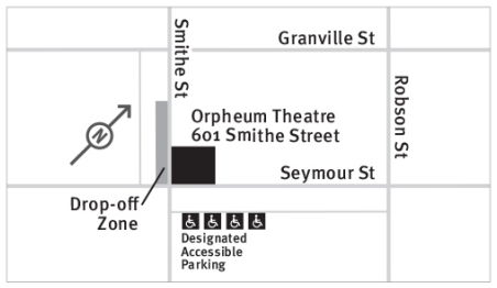 Map of venue and areas for drop-off and designated accessible parking