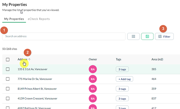 Search, sort, and narrow sites in the My Properties list