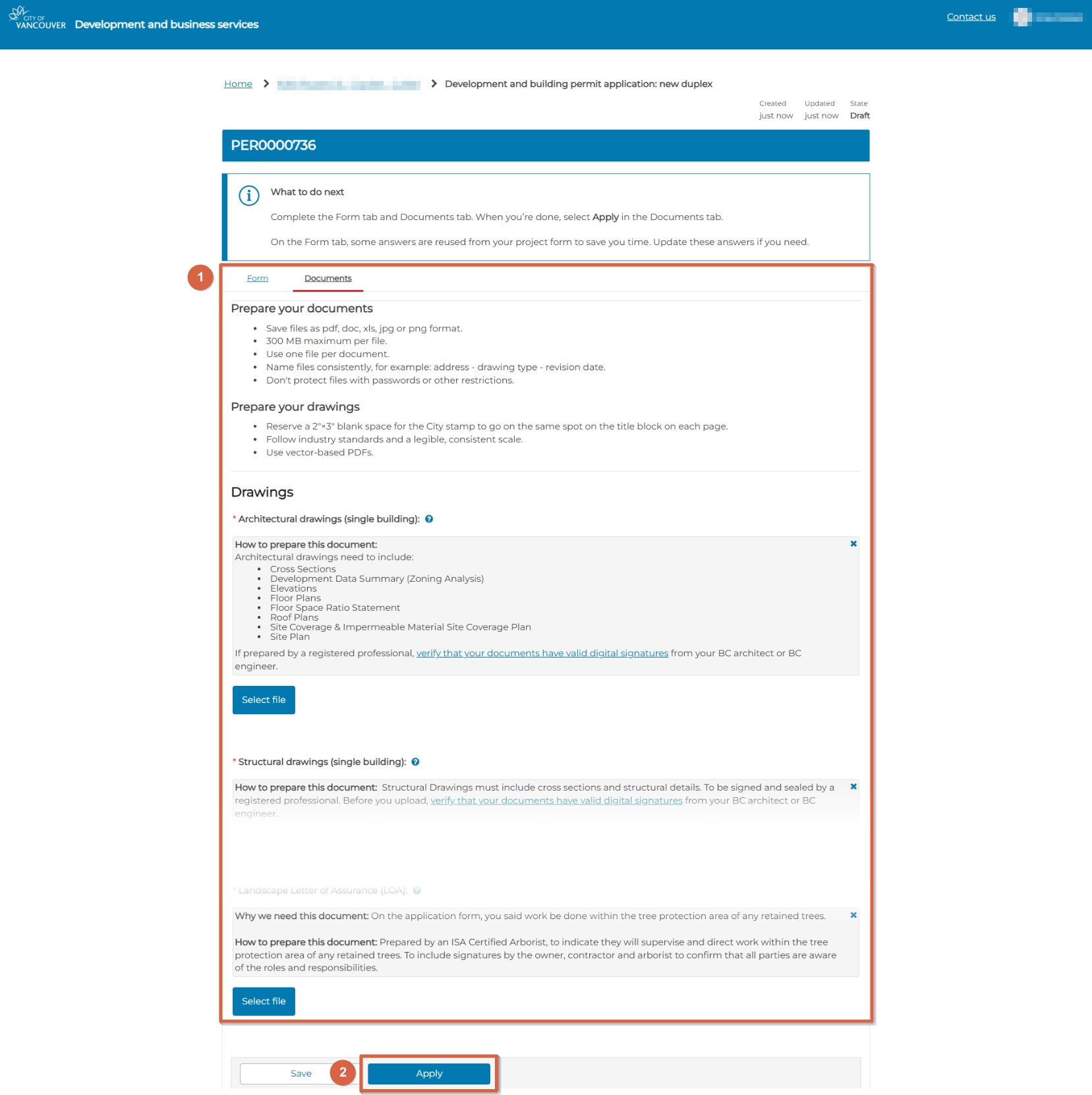 Permit application documents tab with the documents to upload and 'apply' button