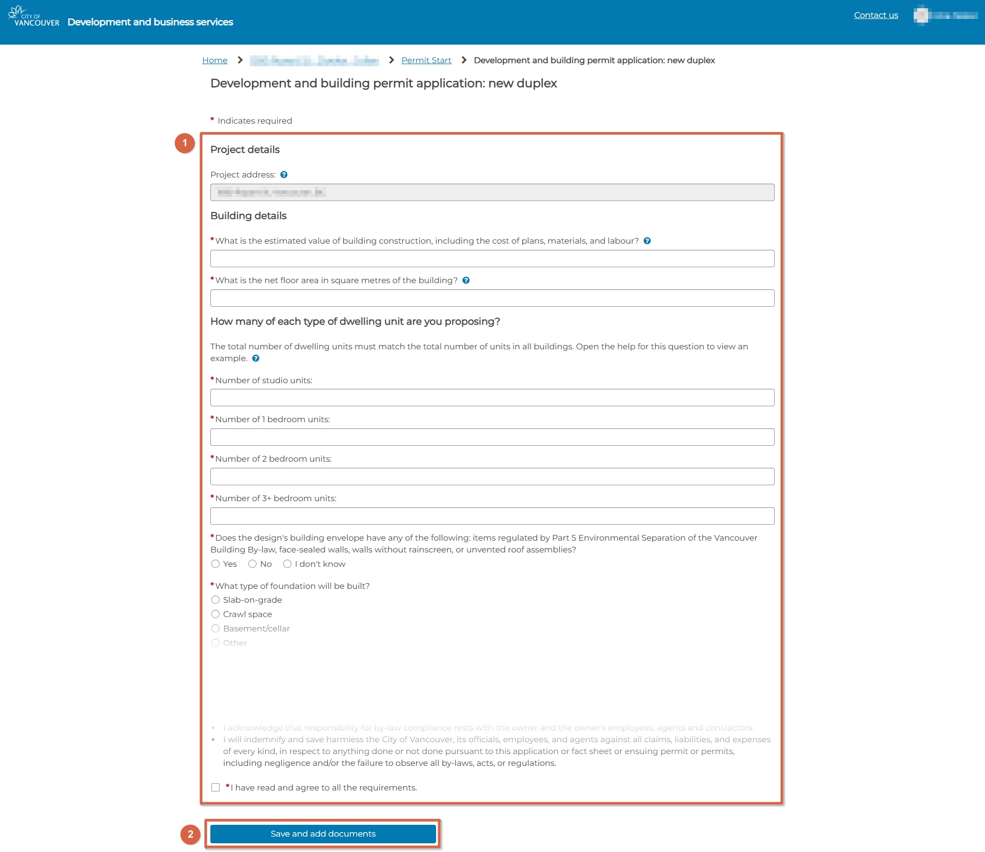 Permit application form's questions and 'save and add documents' button