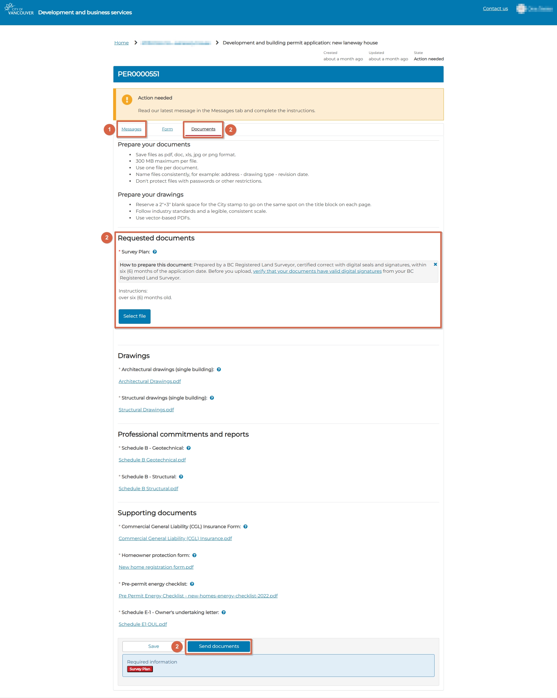 Documents tab with requested documents, instructions, and 'Send documents' button