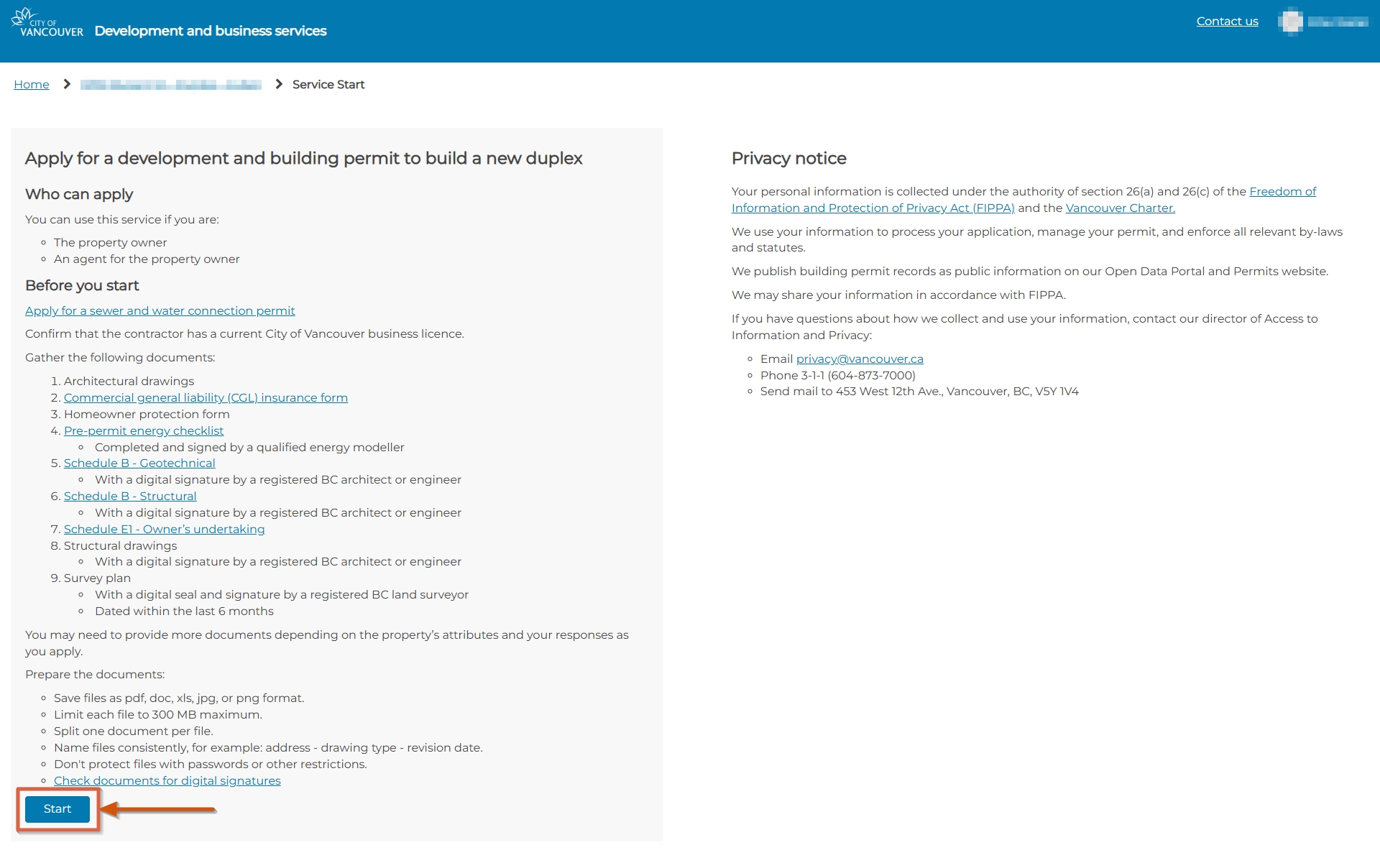 Application start page showing what documents to gather and how to prepare them