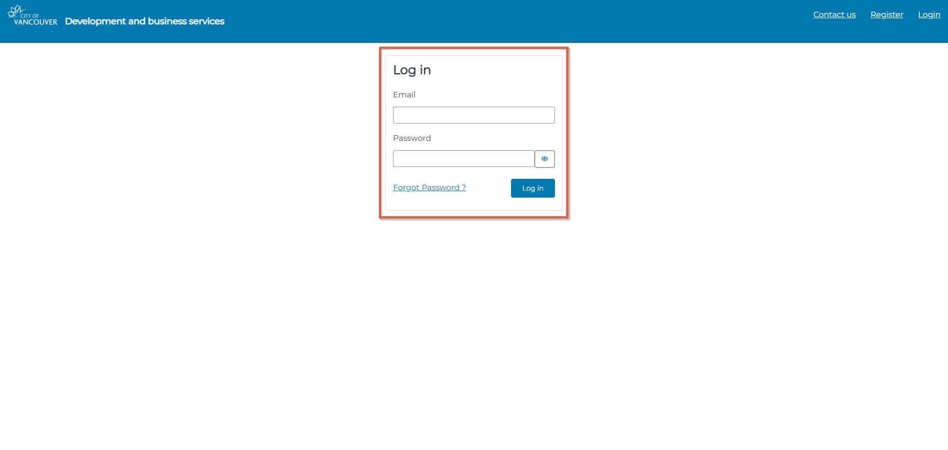 Login form on Development and business services website