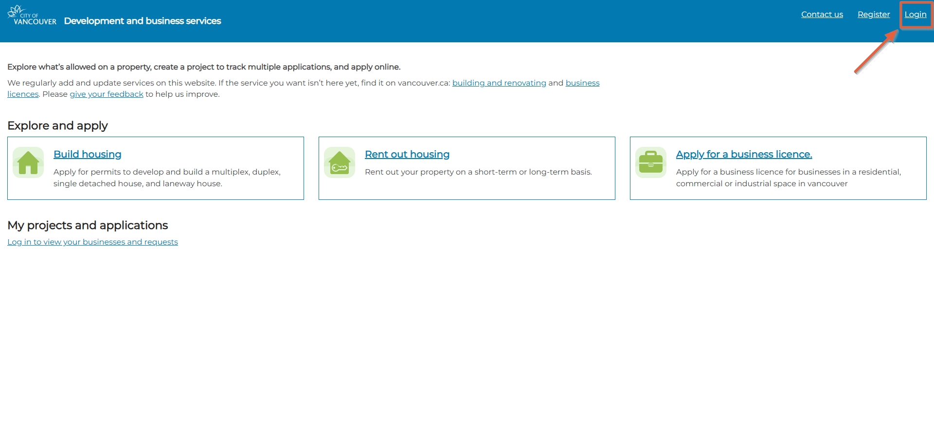 Login link in header of Development and Business Services website