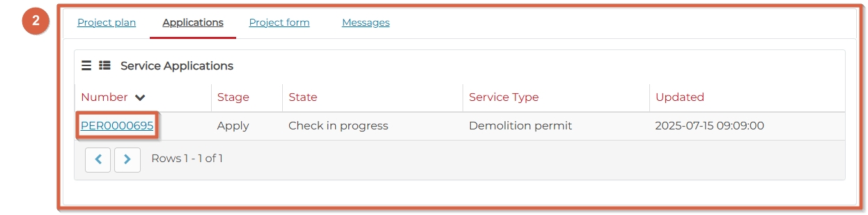 Project plan tab with links to permit applications